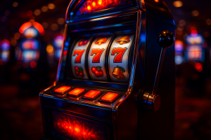 Slot machine gameplay with vibrant lights and colors
